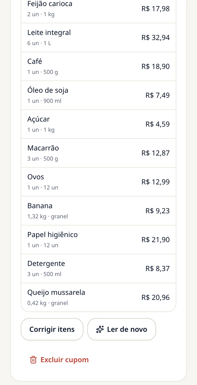 Itens de um cupom de mercado lidos pelo app, com quantidade e preço de cada um