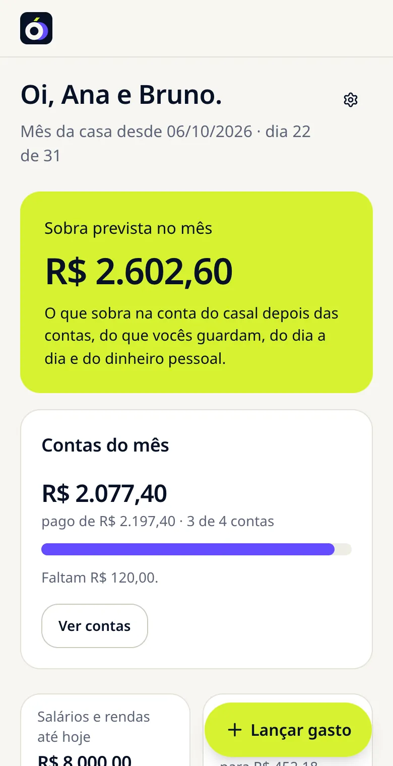 Tela de início do Nós no celular: a sobra prevista no mês da casa e as contas do mês, 3 de 4 já pagas