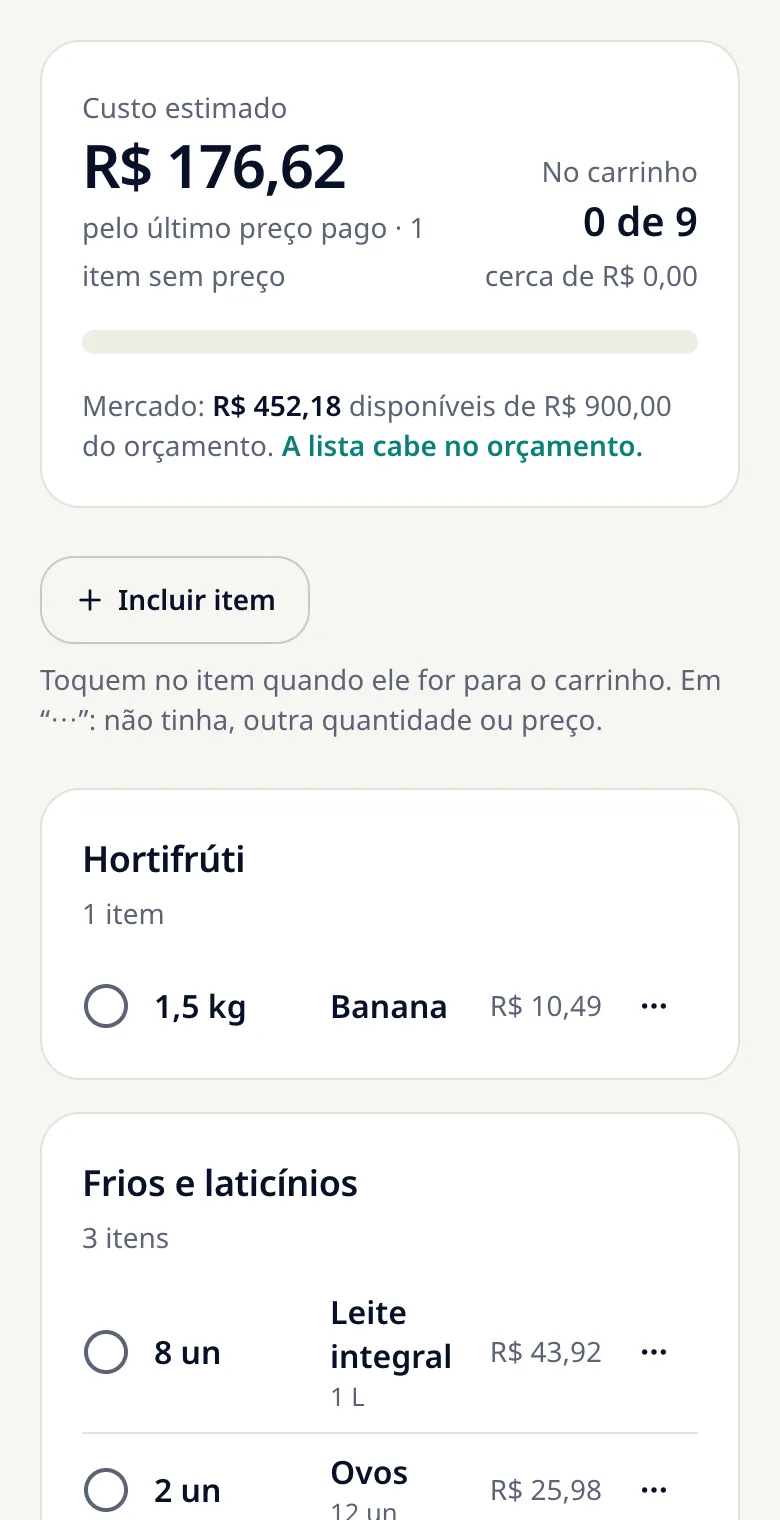Lista de compras no mercado: o custo estimado pelo último preço pago e o aviso de que a lista cabe no orçamento