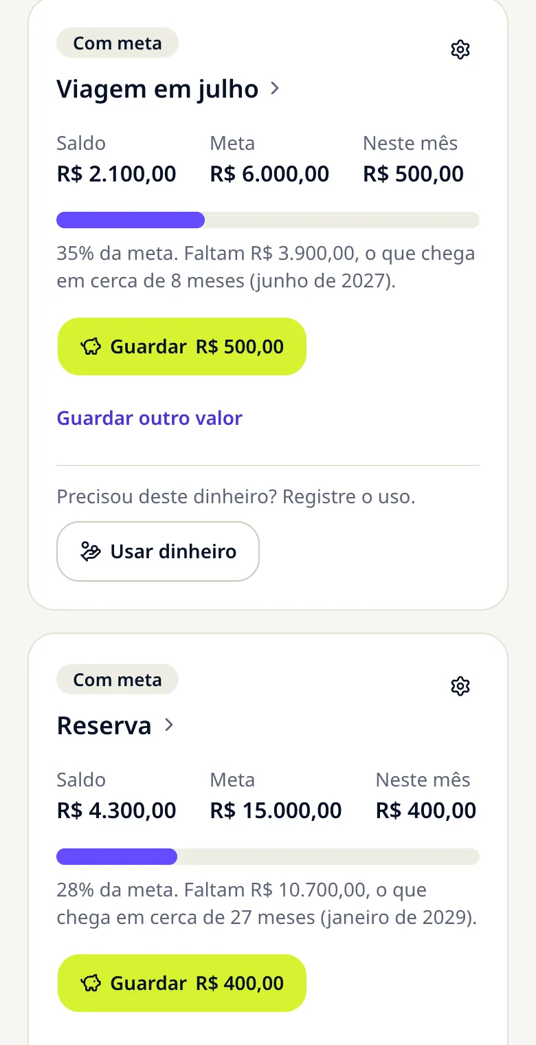 Tela de objetivos do app: viagem e reserva, com a meta, o saldo e o progresso de cada um
