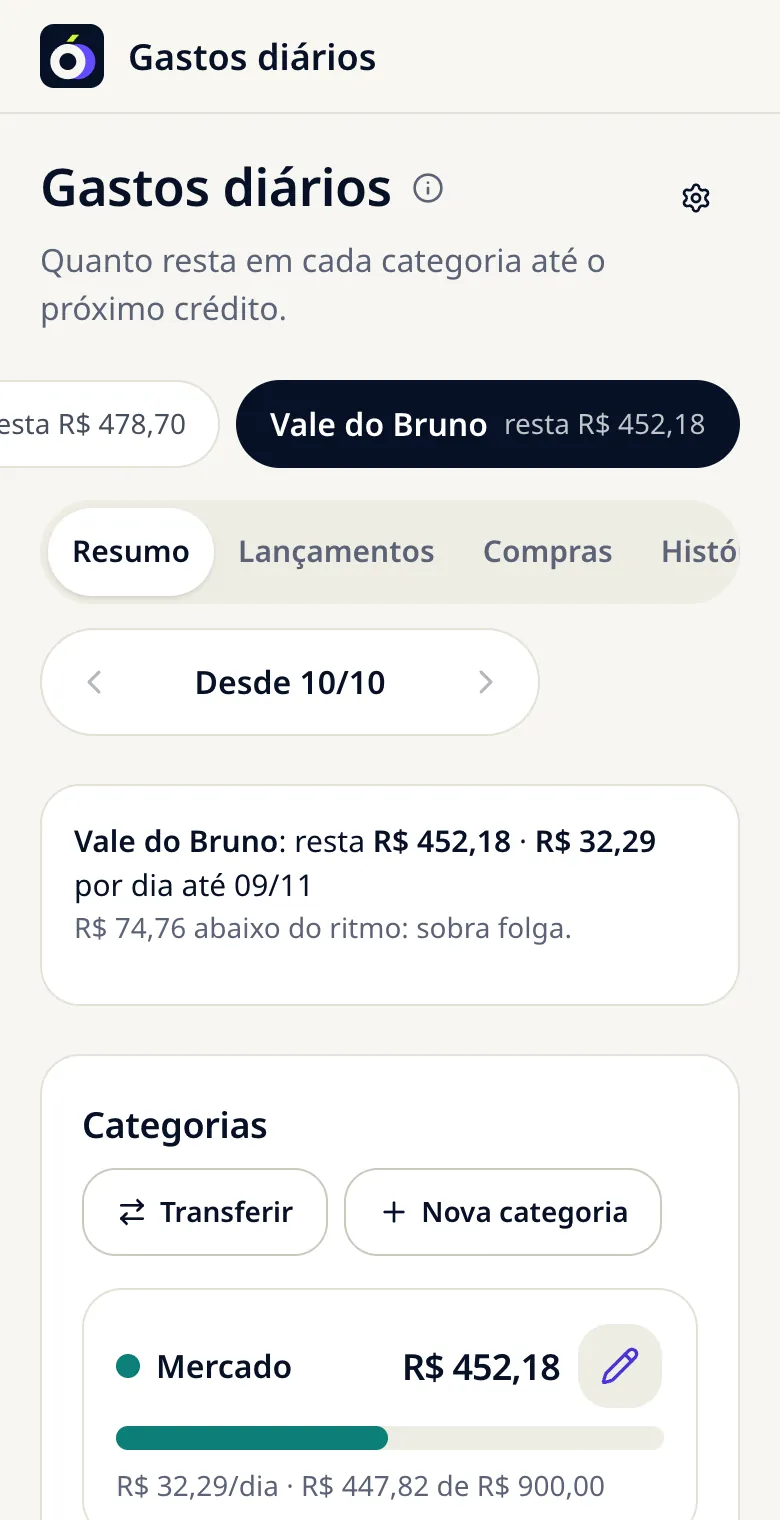 Gastos do vale do Bruno no app: quanto resta, quanto dá por dia até o próximo crédito e a folga no ritmo